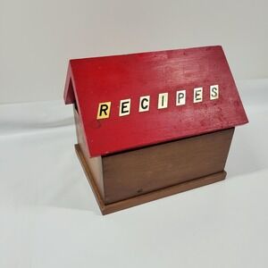 Handmade Wooden Recipe Card Holder Box -House Shaped Red Roof‎